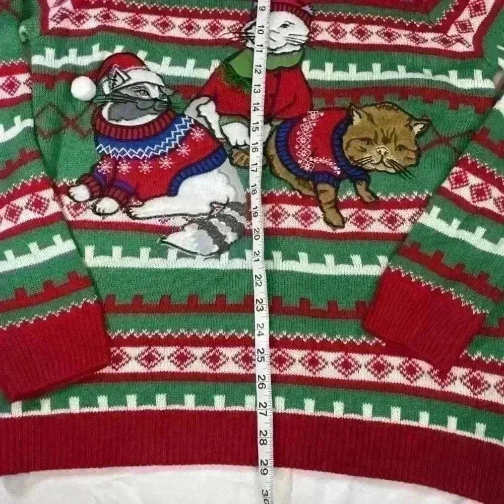 Jolly Ugly christmas embroidered Cat sweater Women’s Large Green Red Color - Picture 6 of 7